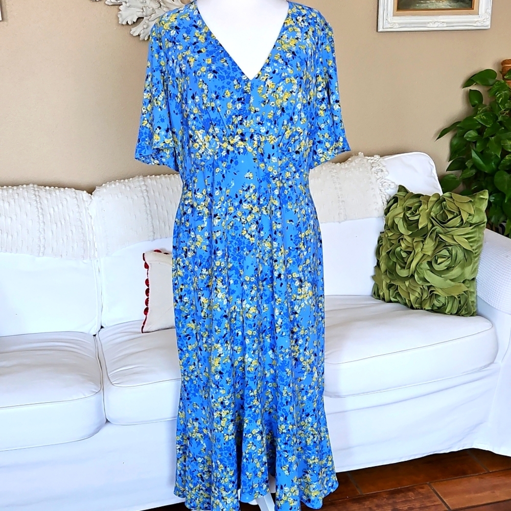 Liz Claiborne Midi Dress Blue Yellow Floral Size 18 EUC